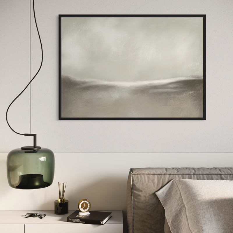 Neutral Framed Canvas Wall Art Above Bed – Minimalist Bedroom Decor with Modern Pendant Light & Accessories