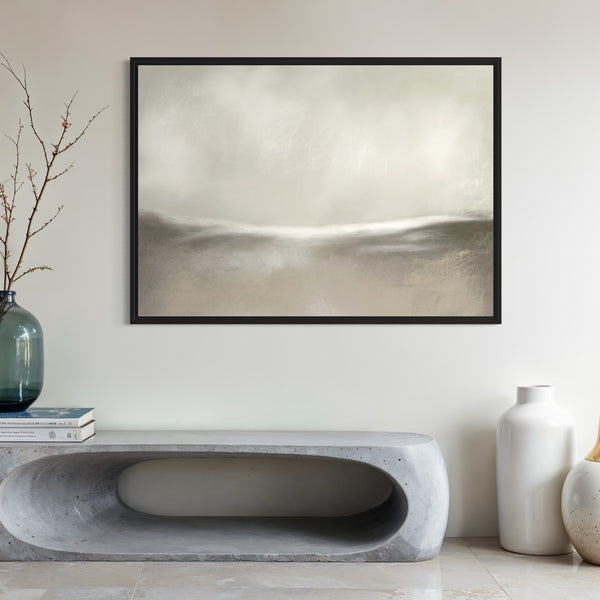 Neutral Framed Canvas Wall Art – Abstract Landscape Above Concrete Console Table with Minimalist Vase
