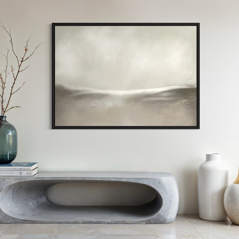 Neutral Framed Canvas Wall Art – Abstract Landscape Above Concrete Console Table with Minimalist Vase