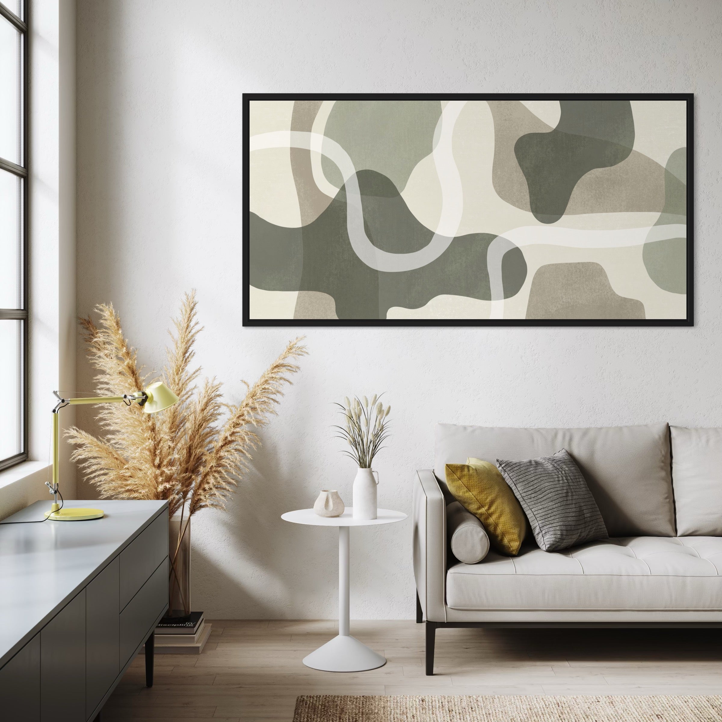 Large Modern Abstract Canvas Wall Art in With Beige Sofa with Accent Pillows and Pampas Grass Decor