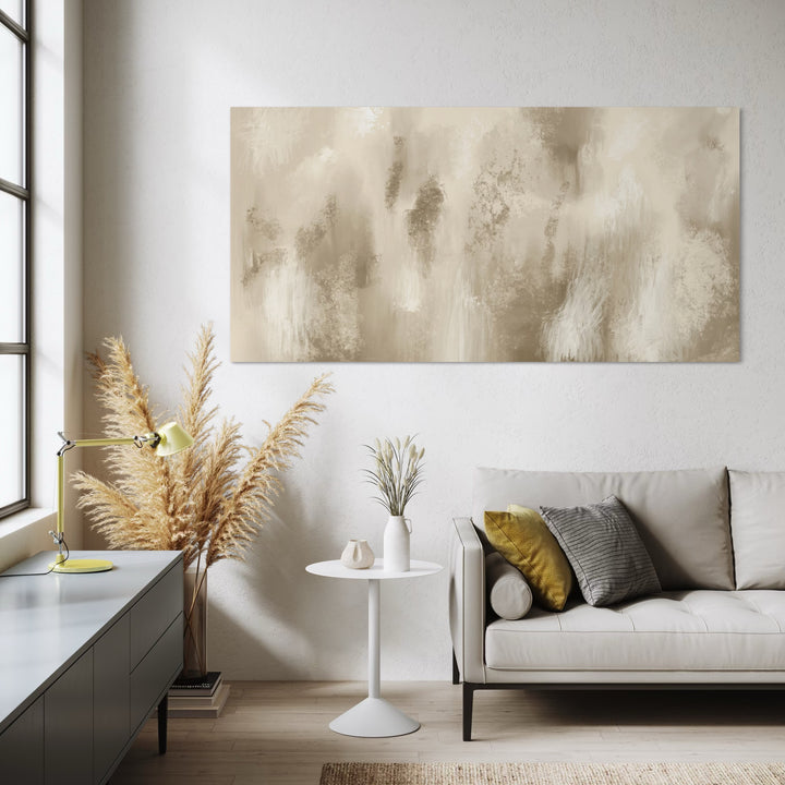 Large Minimalist Abstract Canvas Wall Art paired with Cream Boucle Sofa, White Pedestal Side Table, Pampas Grass, and Mustard Yellow Accents in a Cozy Modern Living Room