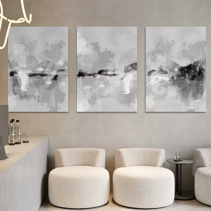 Minimalist Abstract Canvas Wall Art Styled With Bouclé Lounge Chair, Small Accent Table for Reception Perfect for Hotel Lobbies and Reception Lounges