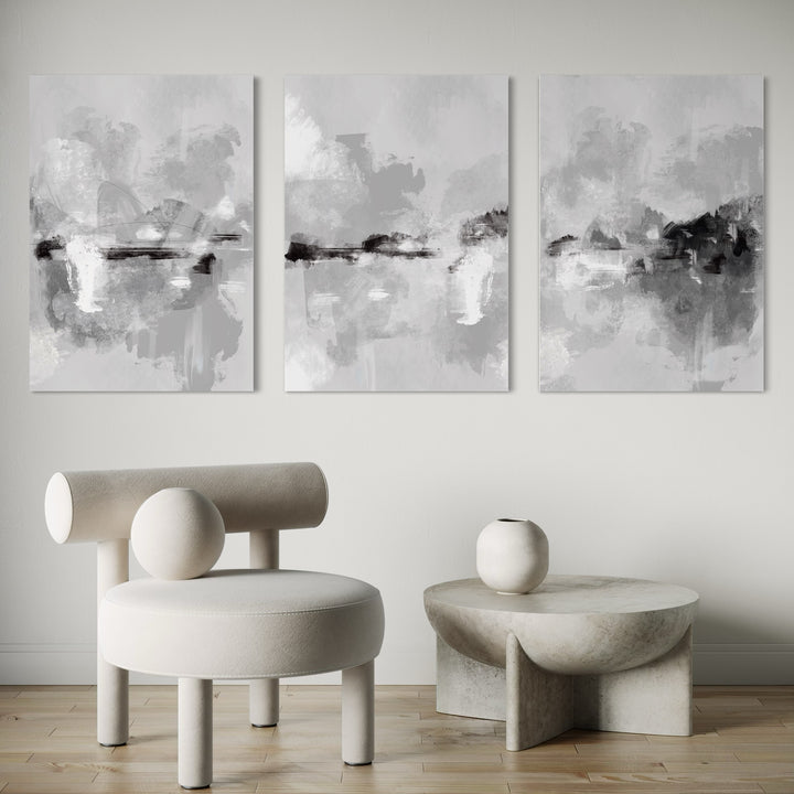Minimalist Canvas Wall Art Set Styled with Geometric Lounge Chair, Modern Concrete Coffee Table Perfect for Art-Centric Interiors