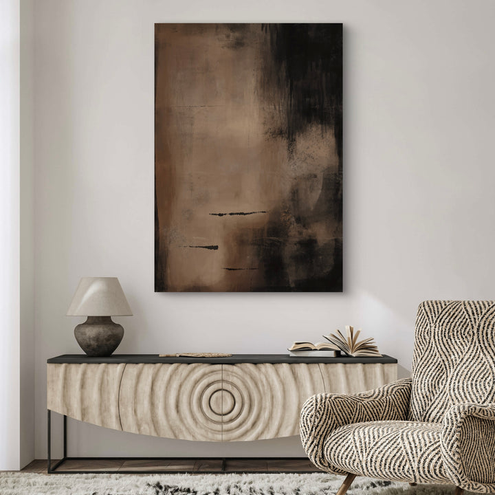 Minimalist Abstract Art Wall Styled with Sculpted Ripple-Front Console, Stone Table Lamp and a Patterned Accent Chair. Perfect for Contemporary Entryway or Living Room.