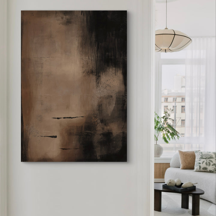 Modern Abstract Canvas Wall Art Styled with Lantern Pendant, White Sofa and Pillow, Black Coffee Table with Stone Accents, and an Indoor Plant. Perfect for Contemporary Living Room or Hallway.