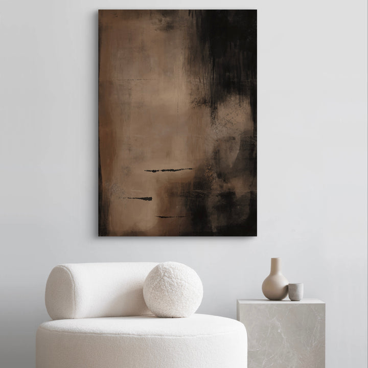 Minimalist Abstract Art Wall Styled with Cream Bouclé Lounge Chair with Round Pillow, Gray Marble Cube Side Table, and Taupe & Gray Ceramic Vases. Perfect for Contemporary Reading Nook.