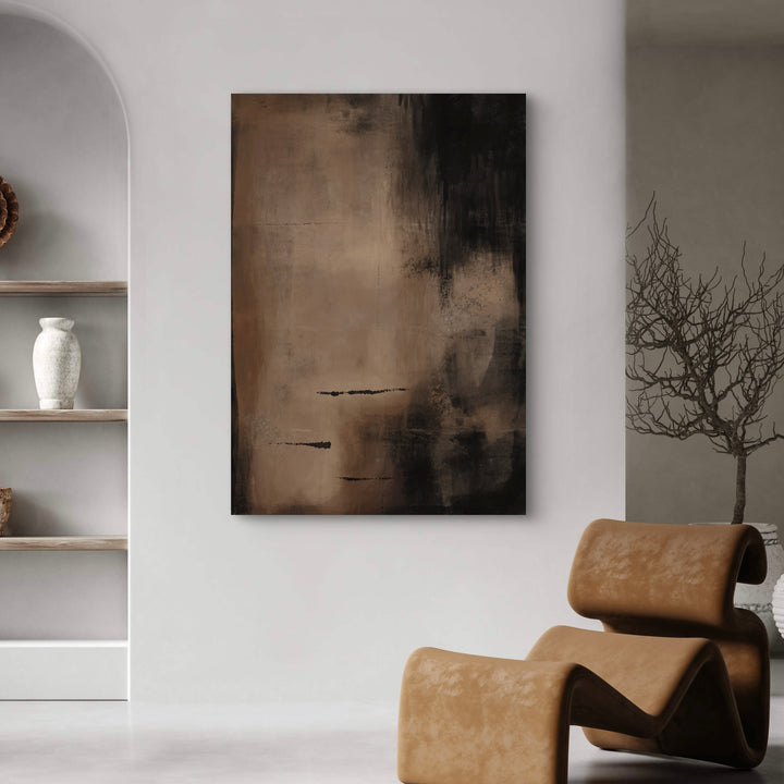 Modern Minimalist Abstract Wall Art Styled with Sculptural Camel Lounge Chair, Arched Niche Shelving with White Ceramic Vases and a Minimal Tree Sculpture. Perfect for Contemporary Living Room or Gallery Entry.