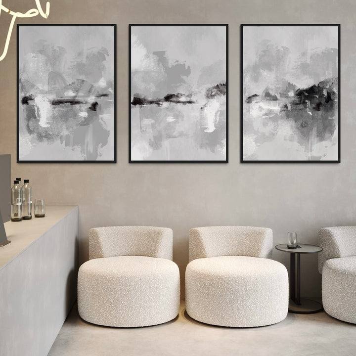 Minimalist Abstract Canvas Wall Art Styled With Bouclé Lounge Chair, Small Accent Table for Reception Perfect for Hotel Lobbies and Reception Lounges