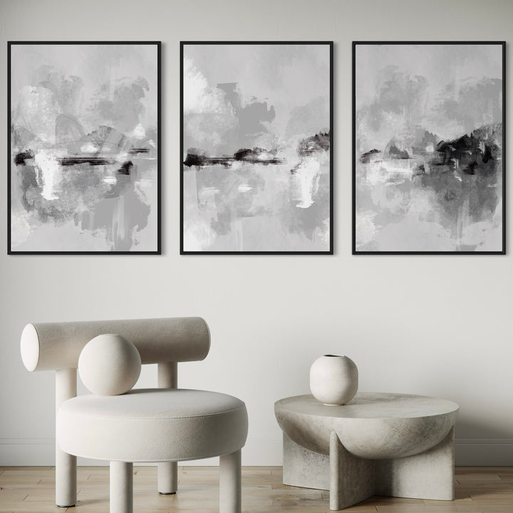 Minimalist Canvas Wall Art Set Styled with Geometric Lounge Chair, Modern Concrete Coffee Table Perfect for Art-Centric Interiors