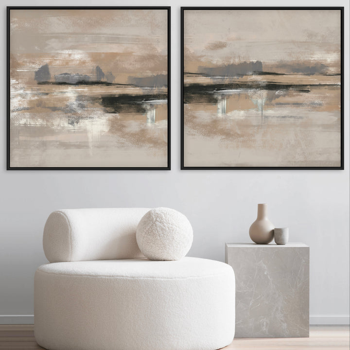 Minimalist Abstract Wall Decor Styled with Cream Bouclé Lounge Chair With Round Pillow, Gray Marble Cube Side Table, Taupe And Gray Ceramic Vases. Perfect for Contemporary Living Room.
