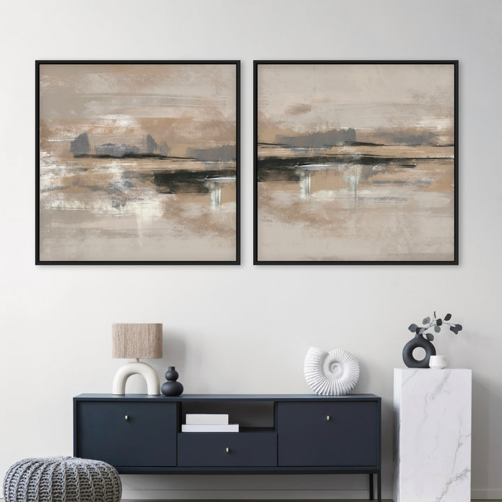 Minimalist Abstract Wall Decor Styled with Navy Console Sideboard, Linen-Shade Arch Table Lamp, Small Black Vase, White Shell Sculpture, Marble Pedestal, Gray Knit Pouf. Perfect for Contemporary Entryway or Living Room.