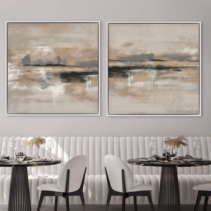 Minimalist Abstract Wall Decor Styled with Fluted Banquette Seating, Round Black Pedestal Dining Tables, Gray Upholstered Chairs, Wine Glass Place Settings, and Pampas Grass Centerpieces. Perfect for Contemporary Dining Room or Restaurant.