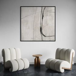 Modern Abstract Framed Canvas Wall Art - Styled with Two Modern Boucle Lounge Chairs and a Minimalist Wooden Side Table, Perfect for Contemporary, Cozy Interiors.