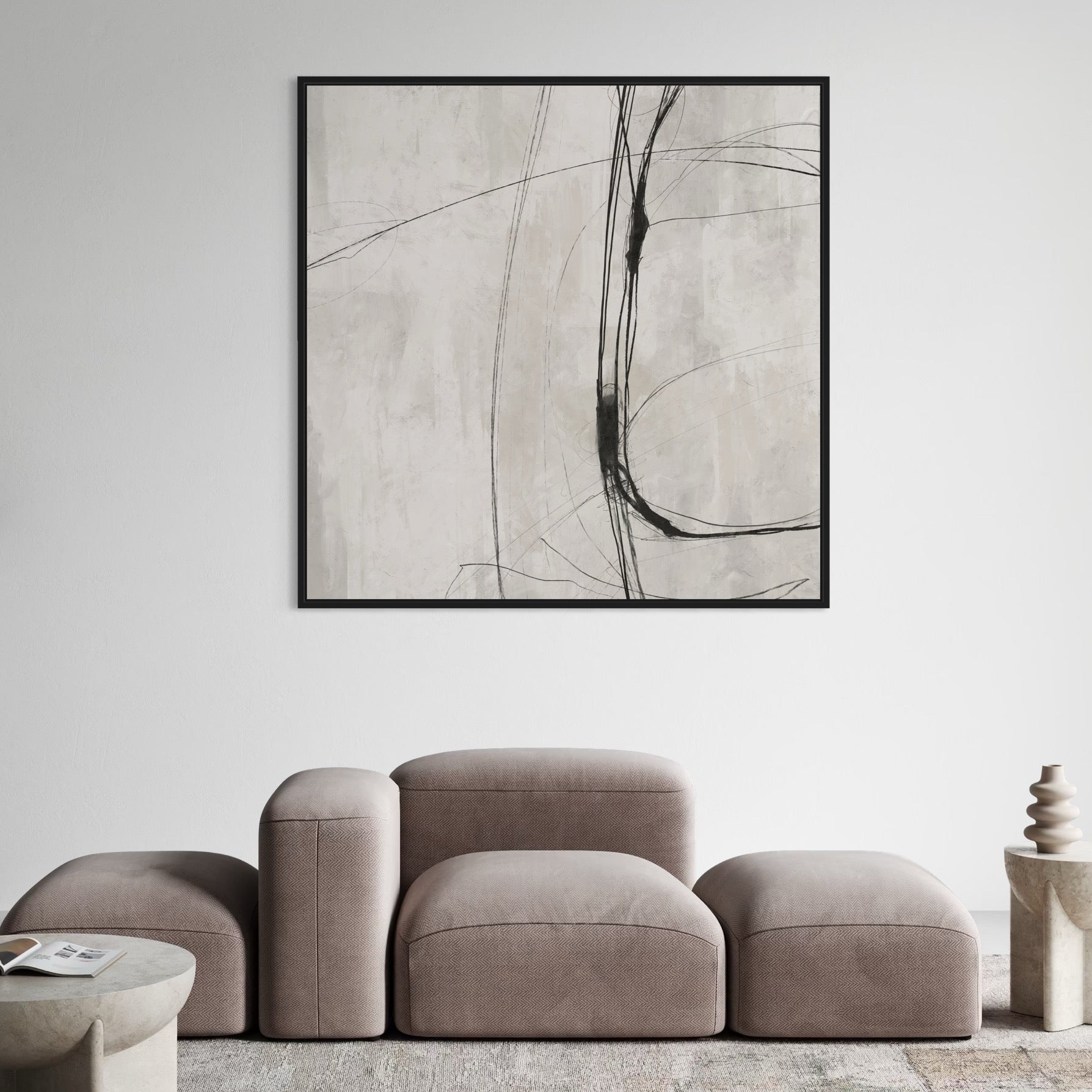 Neutral Abstract Framed Canvas Wall Art Styled with Modular Armless Lounge Sofa Set and Stone-Finish Side Table Perfect for Soft-Modern and Organic Contemporary Homes