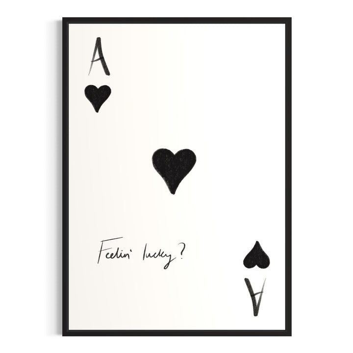 Minimalist Wall Art Black and White Playing Card Print with “Feelin’ lucky?” in a Black Frame