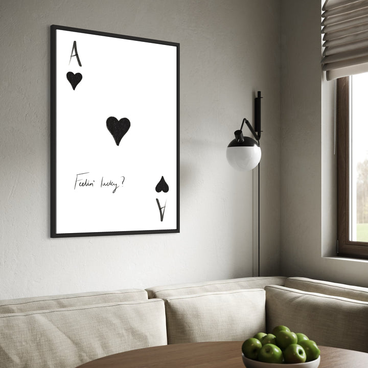 Minimalist playing-card print Styled Above a Cream Banquette and Round Wood Table, Sleek Black-and-White Wall Art for a Modern Look.