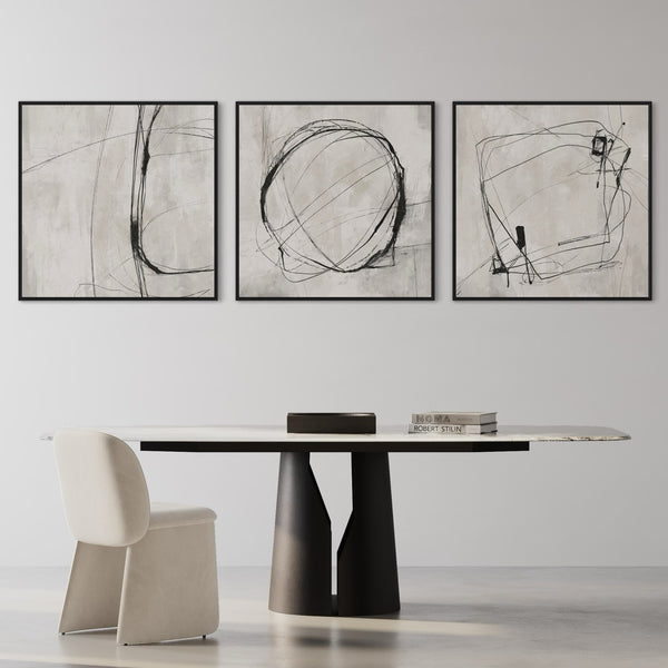 Set 3 Neutral Line Abstract Wall Art Prints Styled with Marble and Black Metal Dining Table, Armless Curved Back Chair Perfect For Dining room or Office Meeting Space