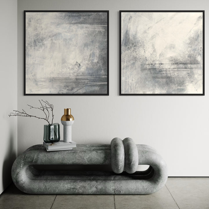 Blue-Grey Abstract Diptych Above a Sculptural Stone Bench with Smoky Glass Vase—Elevate a Modern Entry or Gallery Wall with Serene, Minimalist Canvas Art.