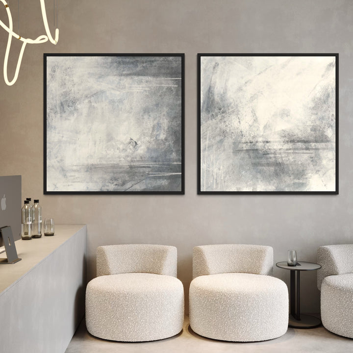 Blue-Grey Abstract Diptych with Boucle Chairs, Black Side Table, and Concrete Counter—Elevate a Modern Lobby or Waiting Area with Serene Minimalist Wall Art.
