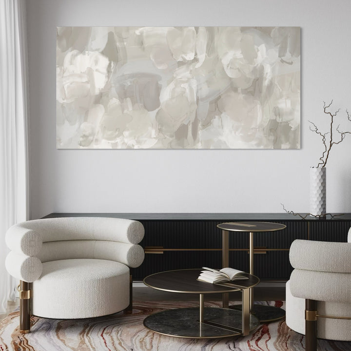 Neutral Abstract Art With Long Black Accent Console Table, White Curve Boucle Chair and Black Round Coffee Table in Minimalist Living Room Interior 