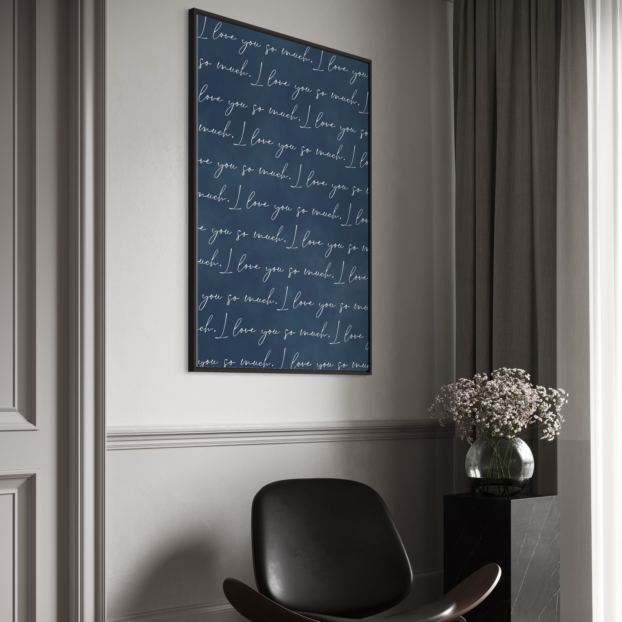 Navy Love-Quote Framed Canvas Styled with a Black Marble Pedestal, Glass Vase, and Sculptural Chair—Elevate a Wainscoted Hallway with Modern Romantic Wall Art.