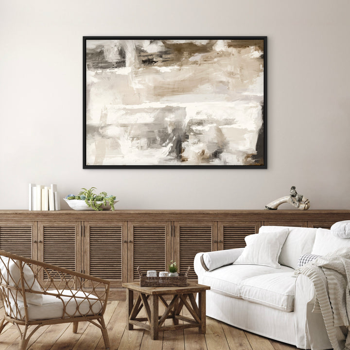 Abstract Art Wall Decor Styled With A Rustic Slatted Wood Sideboard, White Slipcovered Sofa, Rattan Armchair, Woven Tray Coffee Table, And Ceramic Accent. Perfect For A Coastal-Modern Living Room or Neutral Lounge