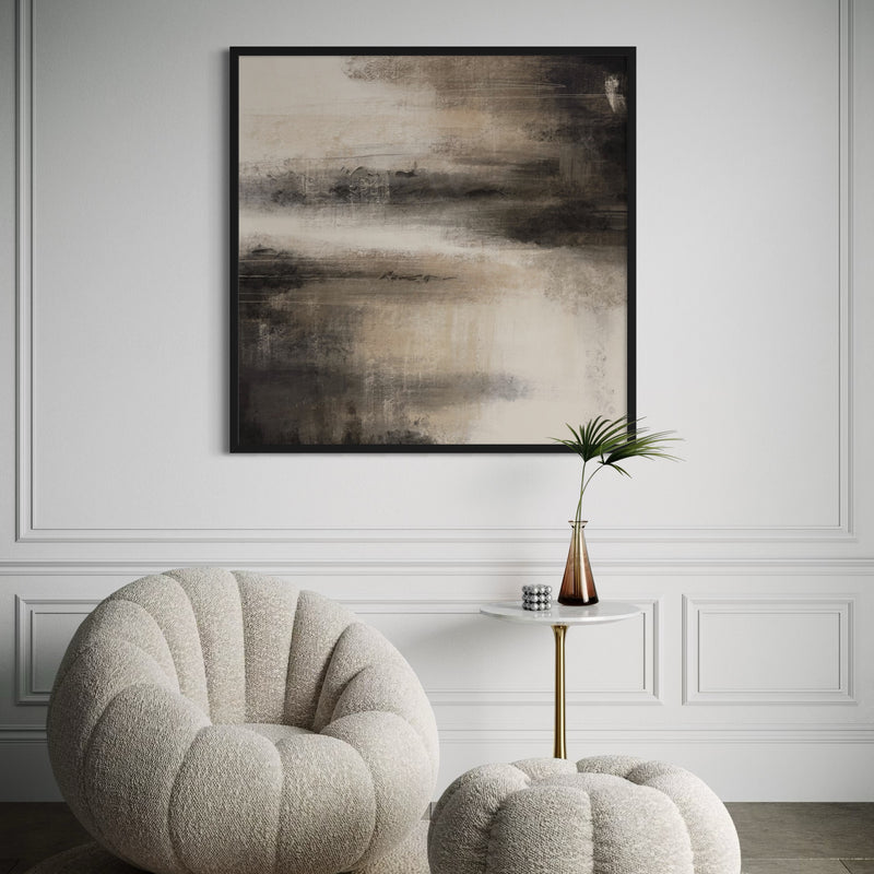 Modern Abstract Wall Art paired with Cream Bouclé Lounge Chairs, Marble Side Table, and Minimal Decor in a Modern Luxe Interior.