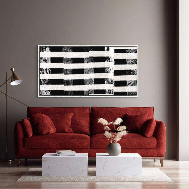 Stylish Abstract Framed Canvas Wall Art in Contemporary Living Room – Paired with a Red Velvet Sofa, Throw Pillow, Two Marble Square Coffee Tables with Elegant Vase, and a Sleek  Floor Rug