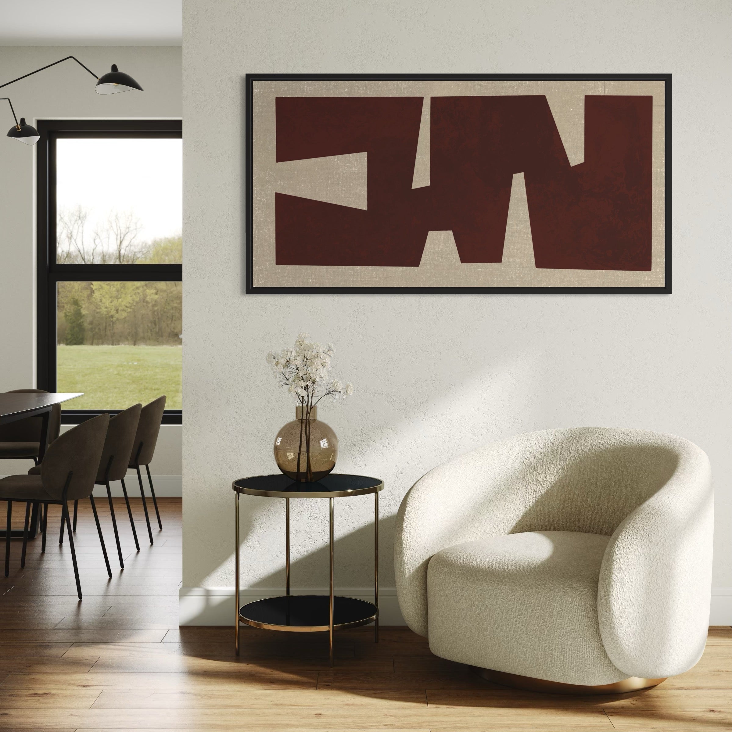 Minimalist Interior Decor – Neutral Framed Canvas Abstract Wall Art with Cream Single Sofa, Black Round Steel Side Table, and Modern Accents