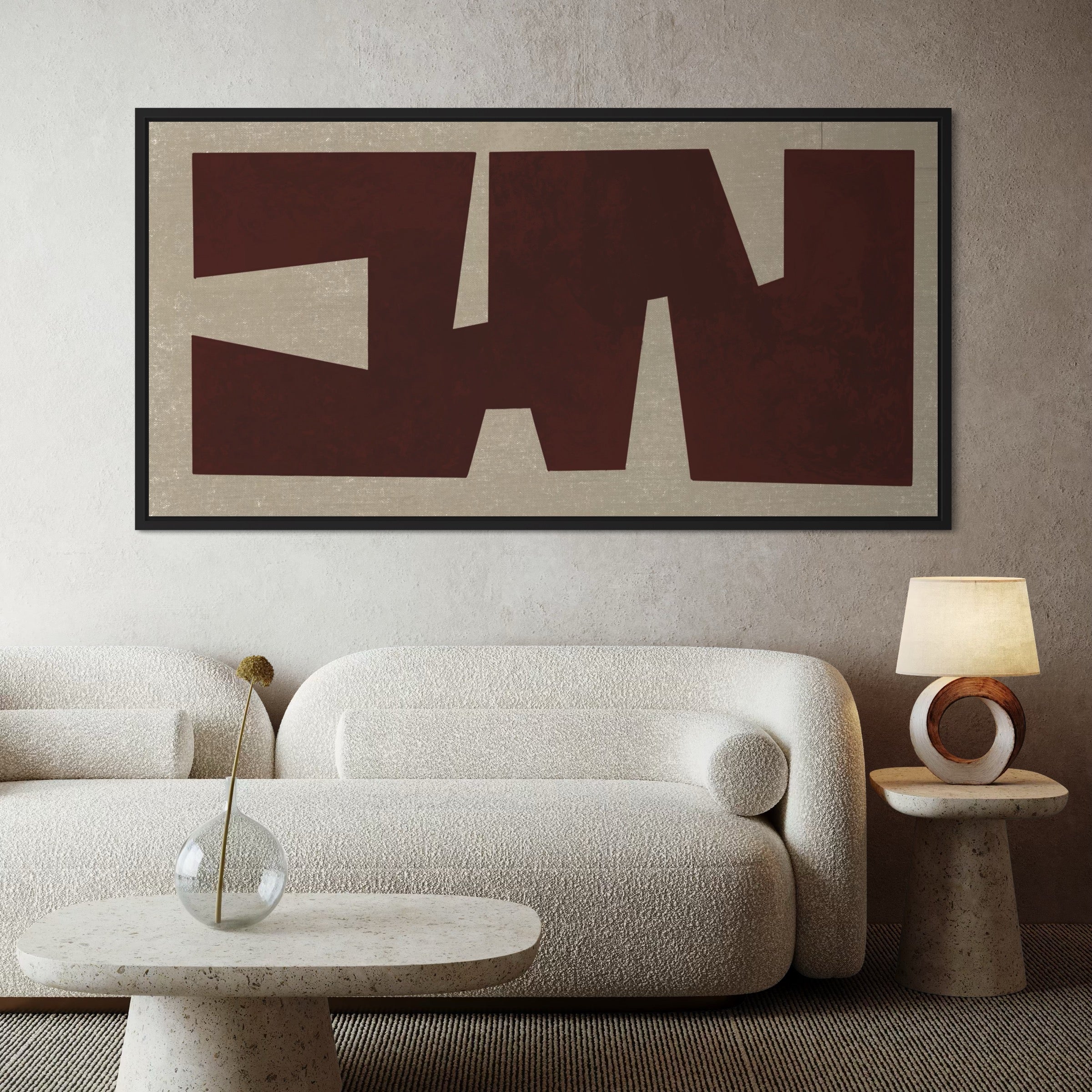Minimalist Interior Decor – Neutral Framed Canvas Abstract Wall Art with Cream Sofa, Scandinavian Side Table, and Modern Accents