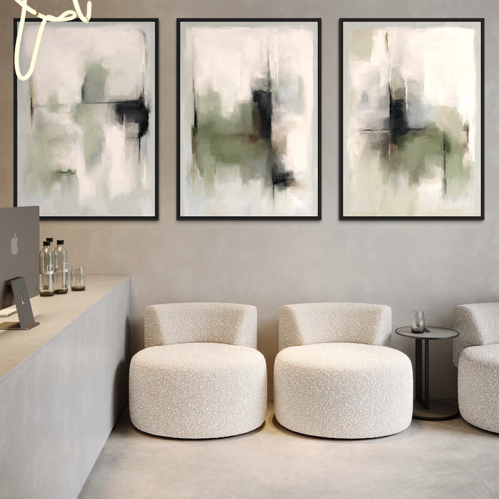Minimalist Lobby Interior Abstract Framed Canvas Wall Art Prints Above Cream Accent Chairs with Side Table