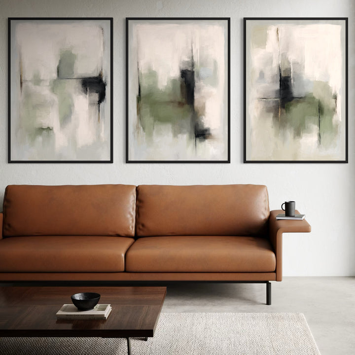 Minimalist Living Room Interior – Modern Abstract Framed Canvas Wall Art Above Brown Leather Sofa with Wooden Coffee Table and Neutral Rug