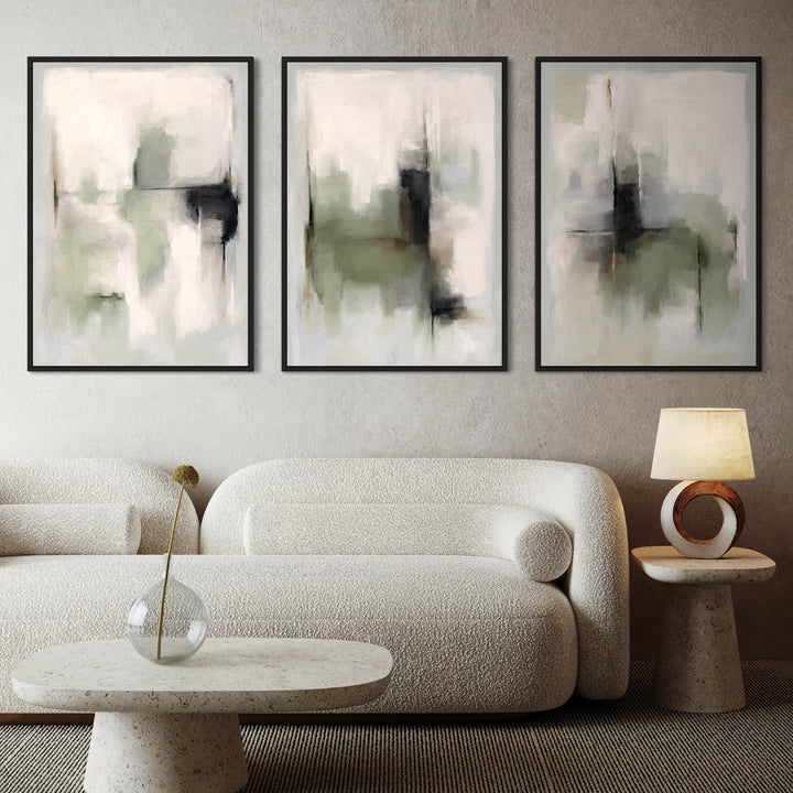 Set of 3 Modern Living Room Abstract Framed Canvas Wall Art with Elegant Cream Sofa with Stone Coffee Table and Lamp