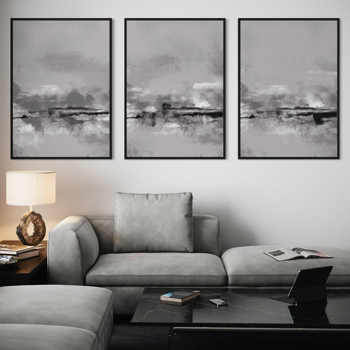 Elegant Abstract Wall Art Framed Canvas in Living Room – Pair with Cozy Grey Sofa and Pillows, Modern Black Marble Coffee Table and Decorative Modern Lamp
