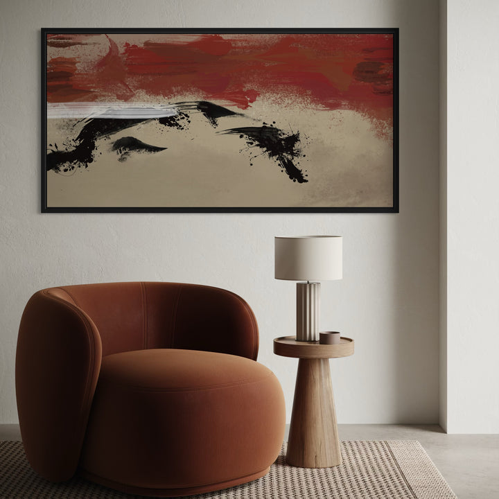 Elegant Abstract Art Framed Canvas in Living Room – Styled with a Bold Terracotta Swivel Chair and Minimalist Wooden Side Table
