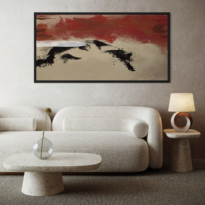 Unique Modern Framed Canvas Wall Art in Living Room –  Paired with a Luxe Cream Sofa, Stone Coffee Table with Glass Vase and Stylish Lamp