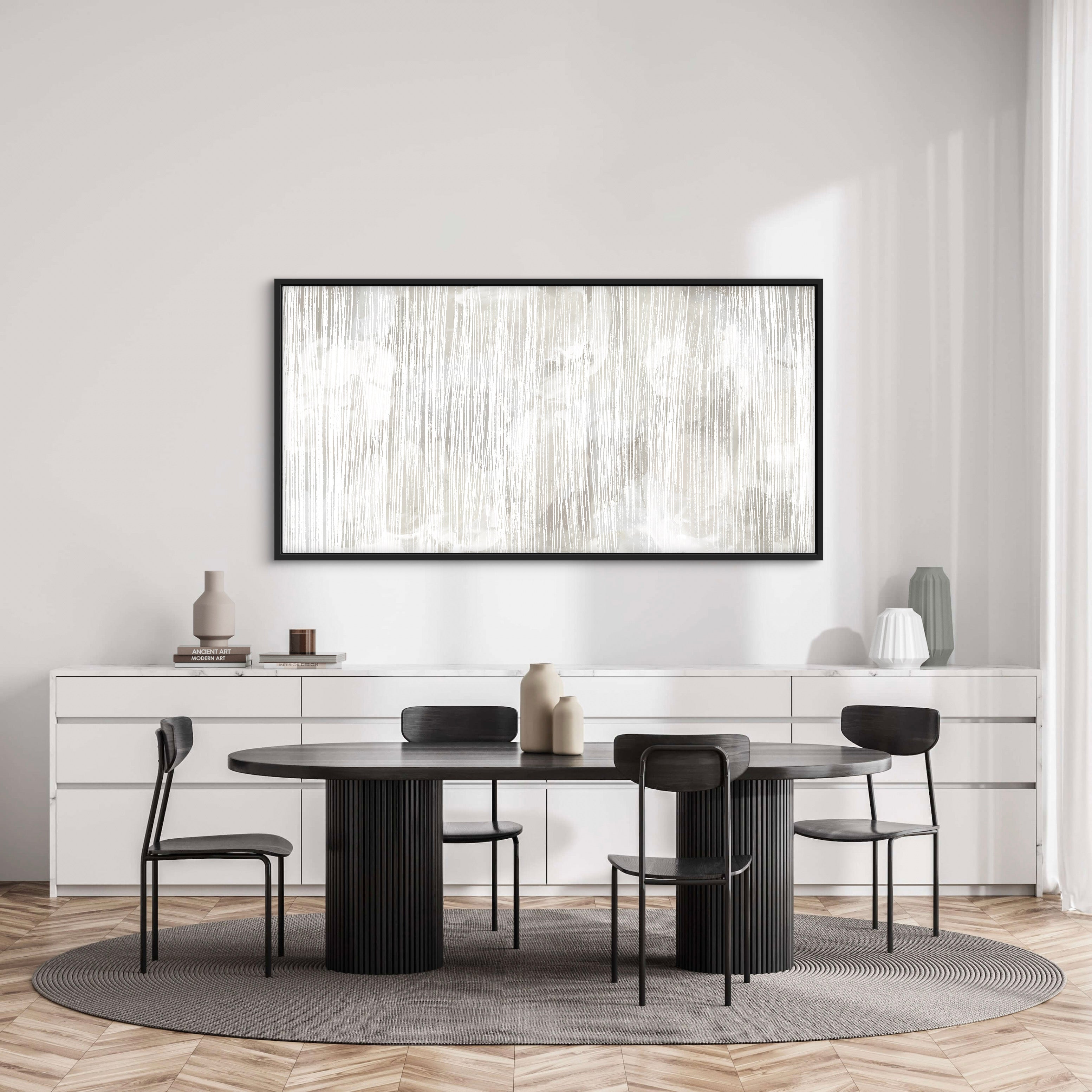 Modern Abstract Framed Canvas Wall Art – Dining Room Décor with Elegant Black Wooden Table, Chairs, and White Console Table with Decorative Accents