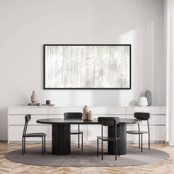 Modern Abstract Framed Canvas Wall Art – Dining Room Décor with Elegant Black Wooden Table, Chairs, and White Console Table with Decorative Accents