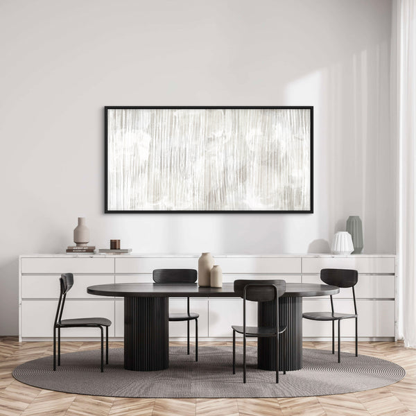 Modern Abstract Framed Canvas Wall Art – Dining Room Décor with Elegant Black Wooden Table, Chairs, and White Console Table with Decorative Accents