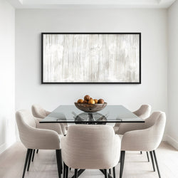 Modern Abstract Framed Canvas Wall Art – Elegant Dining Room Decor with Glass Table and White Upholstered Chairs