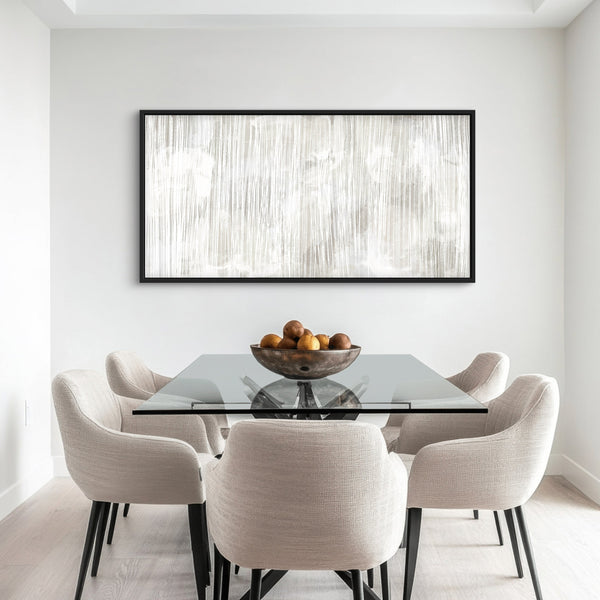 Modern Abstract Framed Canvas Wall Art – Elegant Dining Room Decor with Glass Table and White Upholstered Chairs