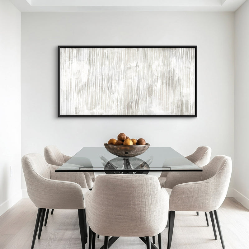 Modern Abstract Framed Canvas Wall Art – Elegant Dining Room Decor with Glass Table and White Upholstered Chairs