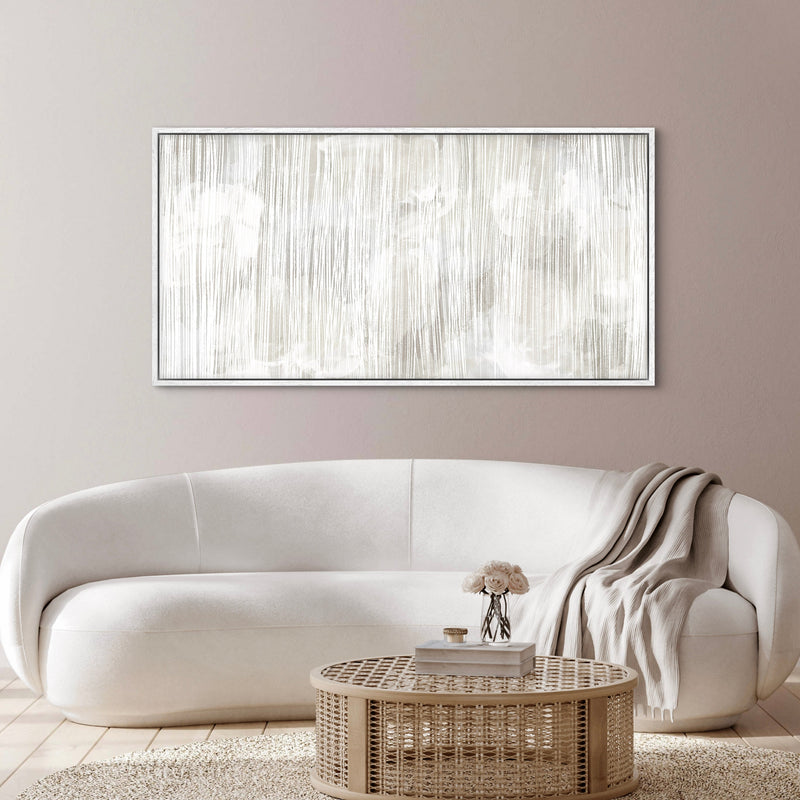 Modern Abstract Framed Canvas Wall Art – Elegant Living Room Decor with White Sofa and Rattan Center Table