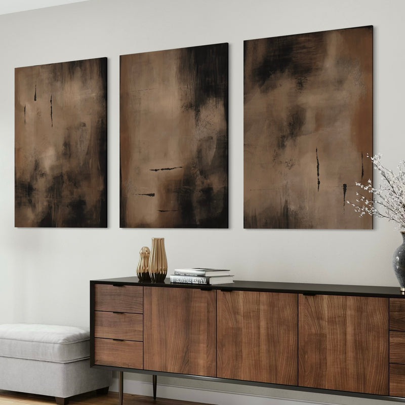 Modern Abstract Triptych Styled With a Walnut Credenza, Amber Vases, and a Grey Bench—Moody Modern Wall Art to Elevate an Entryway or Living Room.
