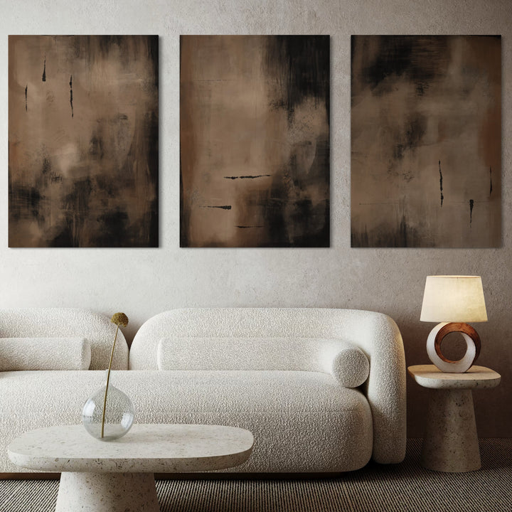 Modern Neutral Living Room Decor – Abstract Wall Art Set with Cream Sofa, Stone Tables & Stylish Circular Lamp
