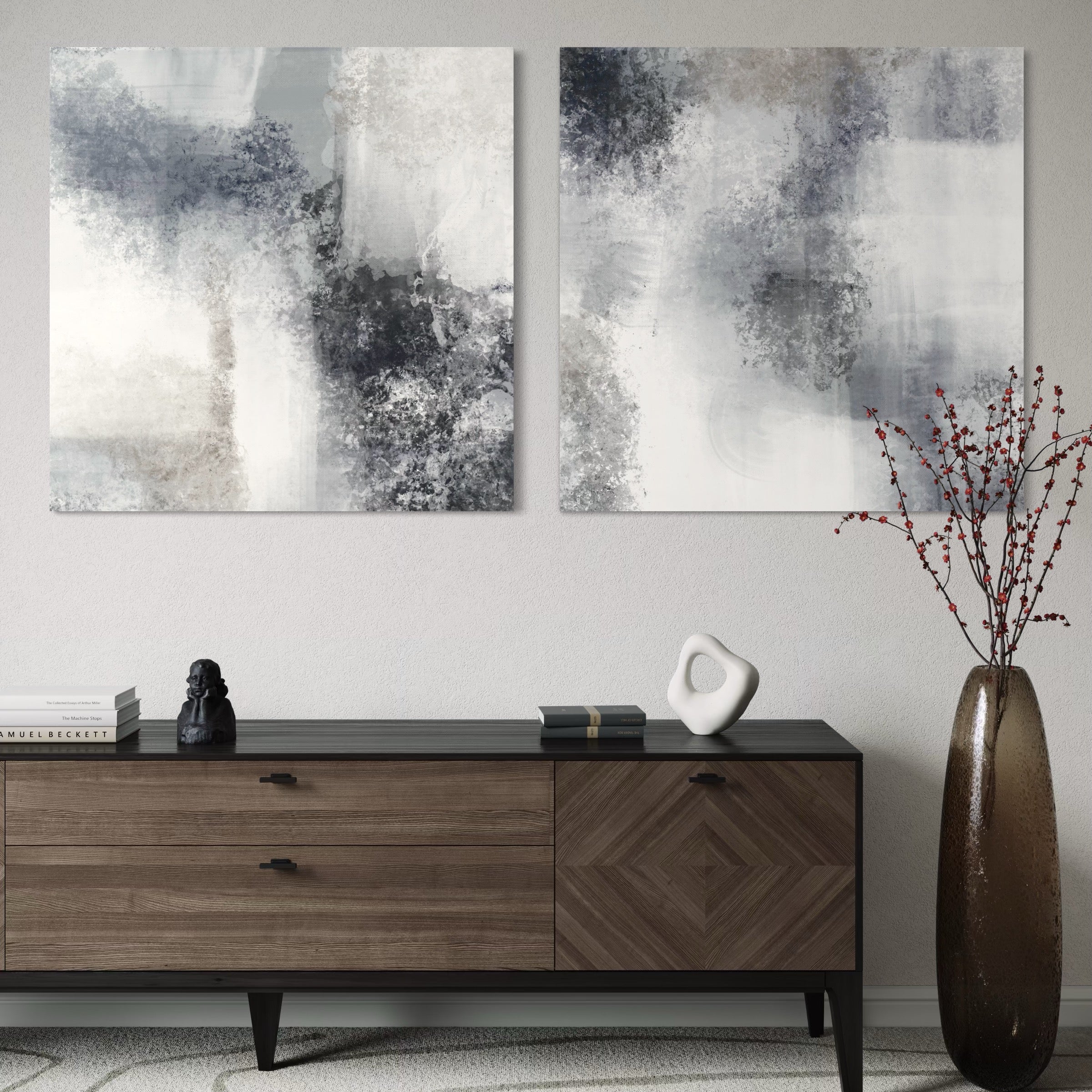 Abstract Canvas Wall Art in Modern Entryway with Mid-Century Console Table, Neutral Decor Accents, Sculptural Vase, and Tall Floor Vase with Red Berry Branches. Perfect for Contemporary and Minimalist Interiors.