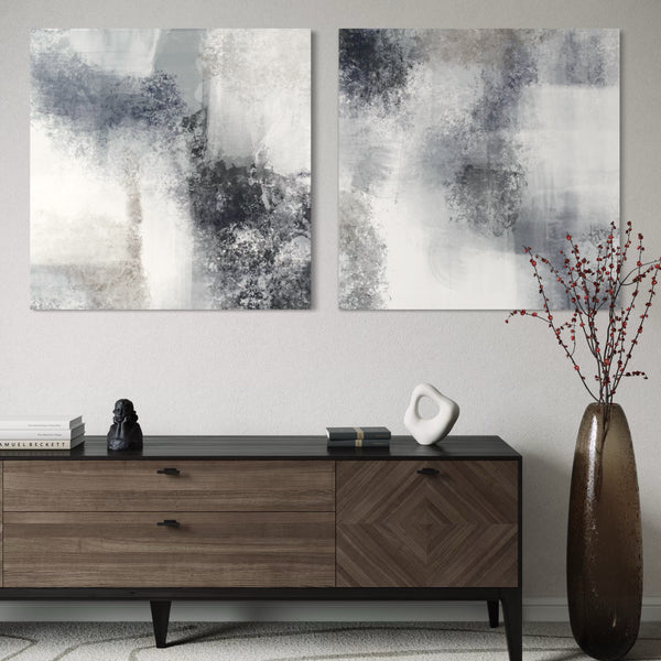 Abstract Canvas Wall Art in Modern Entryway with Mid-Century Console Table, Neutral Decor Accents, Sculptural Vase, and Tall Floor Vase with Red Berry Branches. Perfect for Contemporary and Minimalist Interiors.