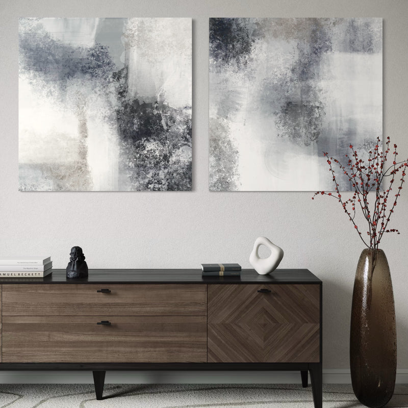 Abstract Canvas Wall Art in Modern Entryway with Mid-Century Console Table, Neutral Decor Accents, Sculptural Vase, and Tall Floor Vase with Red Berry Branches. Perfect for Contemporary and Minimalist Interiors.