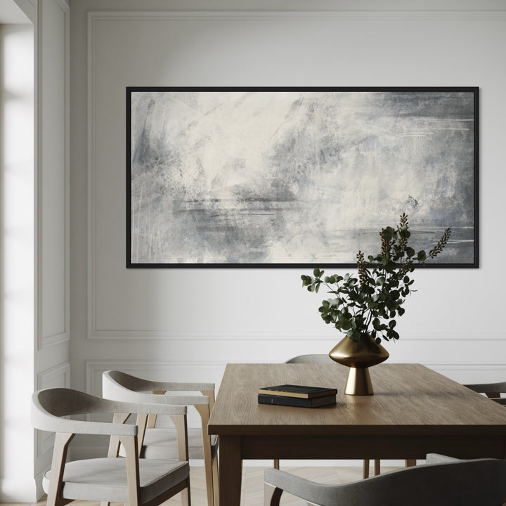 Panoramic Abstract Canvas Above an Oak Table with Grey Chairs and Brass Vase—Elevate a Refined Dining Room with Calm, Modern Wall Art.