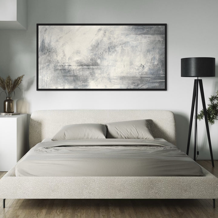 Wide Blue-Grey Abstract Canvas Above a Boucle Bed with Greige Bedding and a Black Tripod Lamp—Serene Panoramic Wall Art to Elevate a Modern Bedroom.